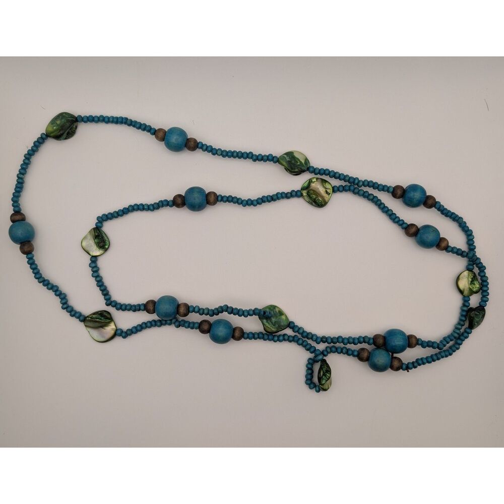 Boho Beaded Necklace – Turquoise Seed Beads, Wooden Beads & Green Shell Accents
